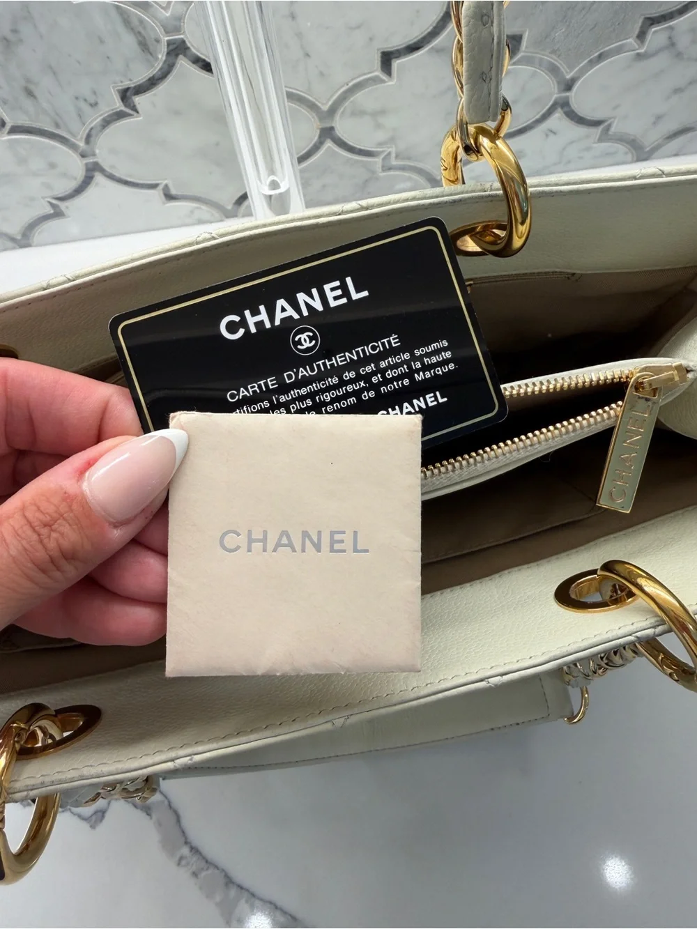 CHANEL Cream Quilted Chain-Handle Tote